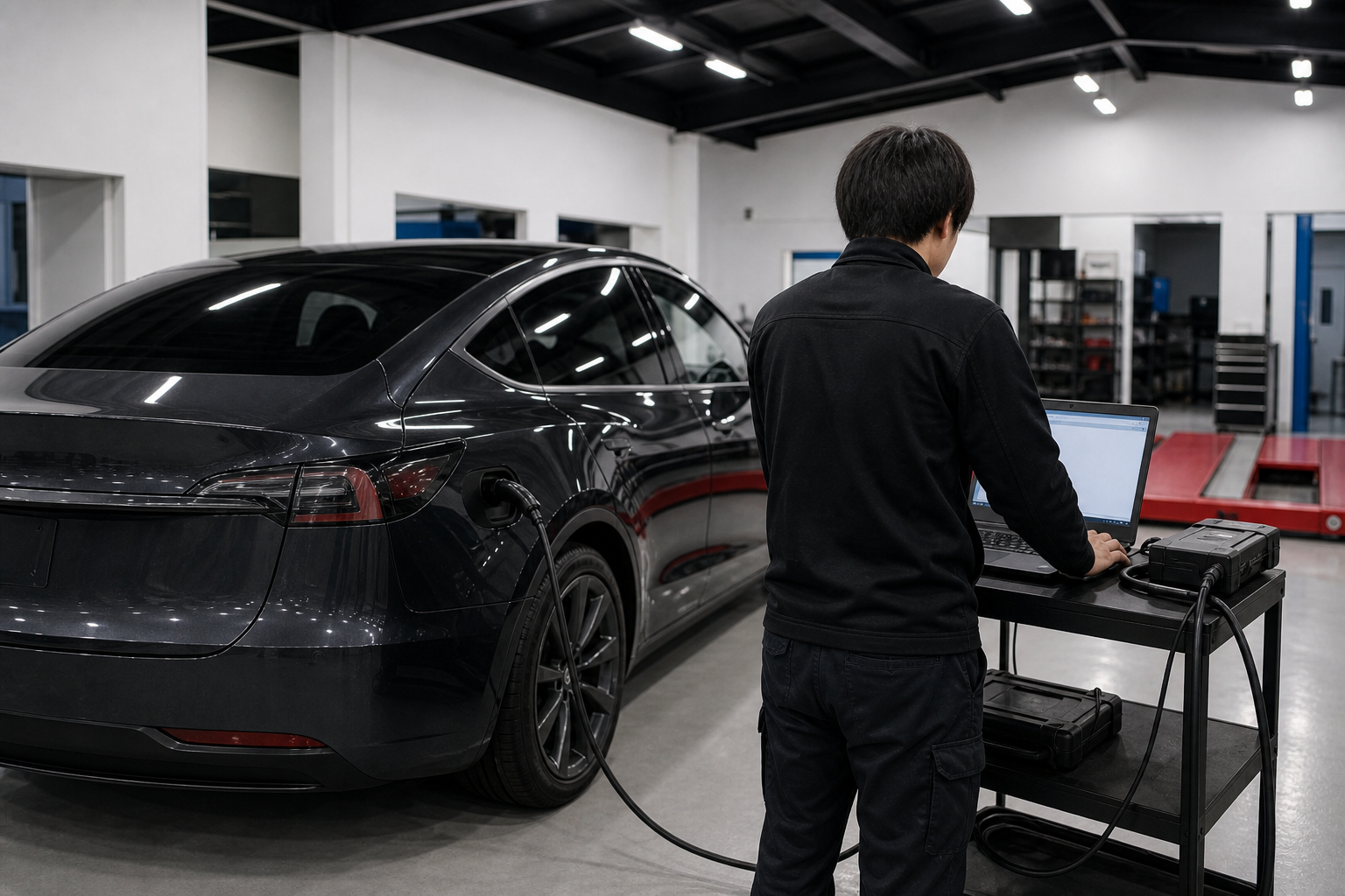 EVNOVAスタッフがテスラの車両確認を行う様子